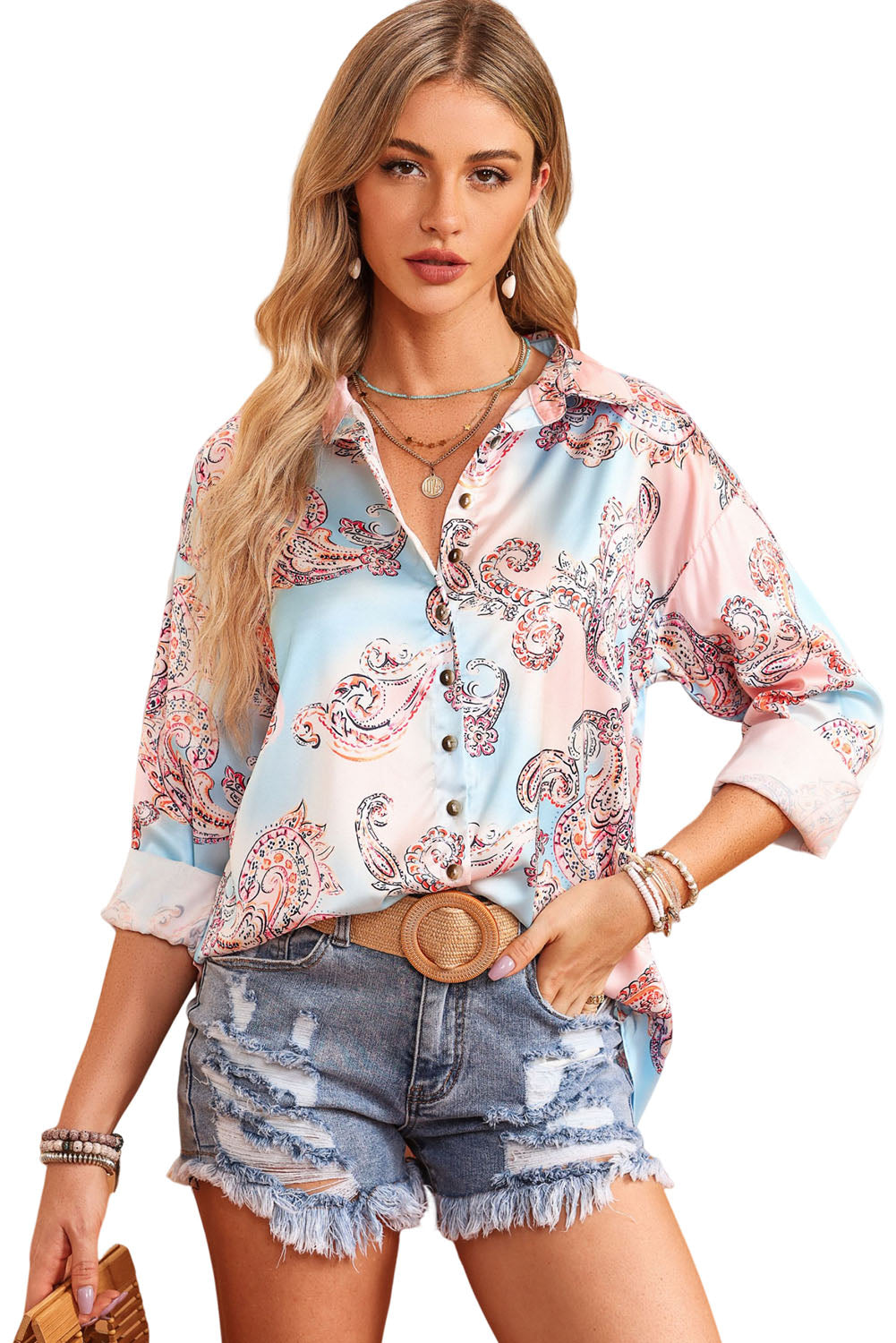 A stylish Boho Print Lantern Sleeve Shirt featuring elegant lantern sleeves and a vintage Paisley print, perfect for various occasions.