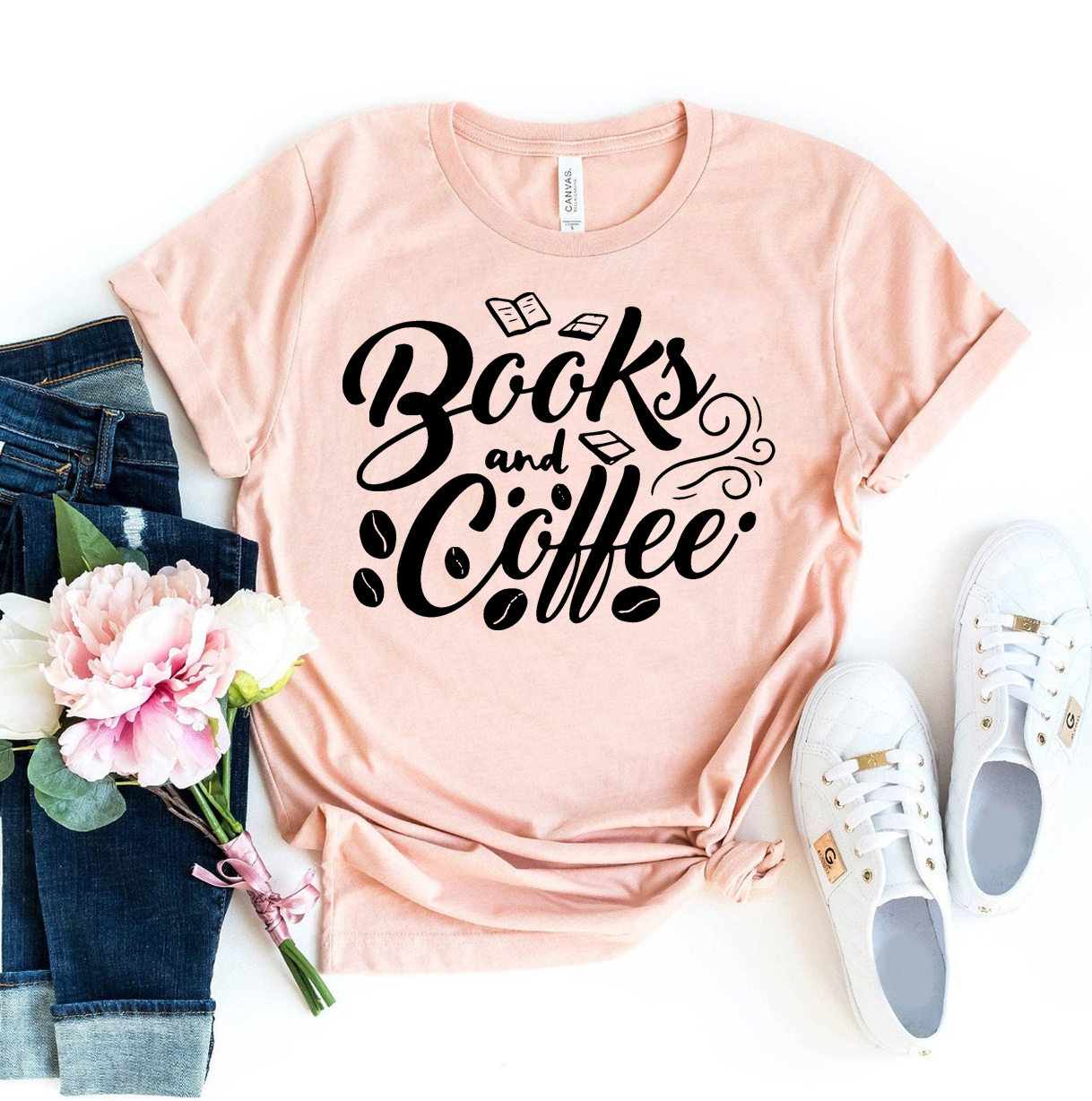 Books And Coffee T-shirt made of premium ring spun cotton, featuring a vibrant flex print design, available in various sizes.