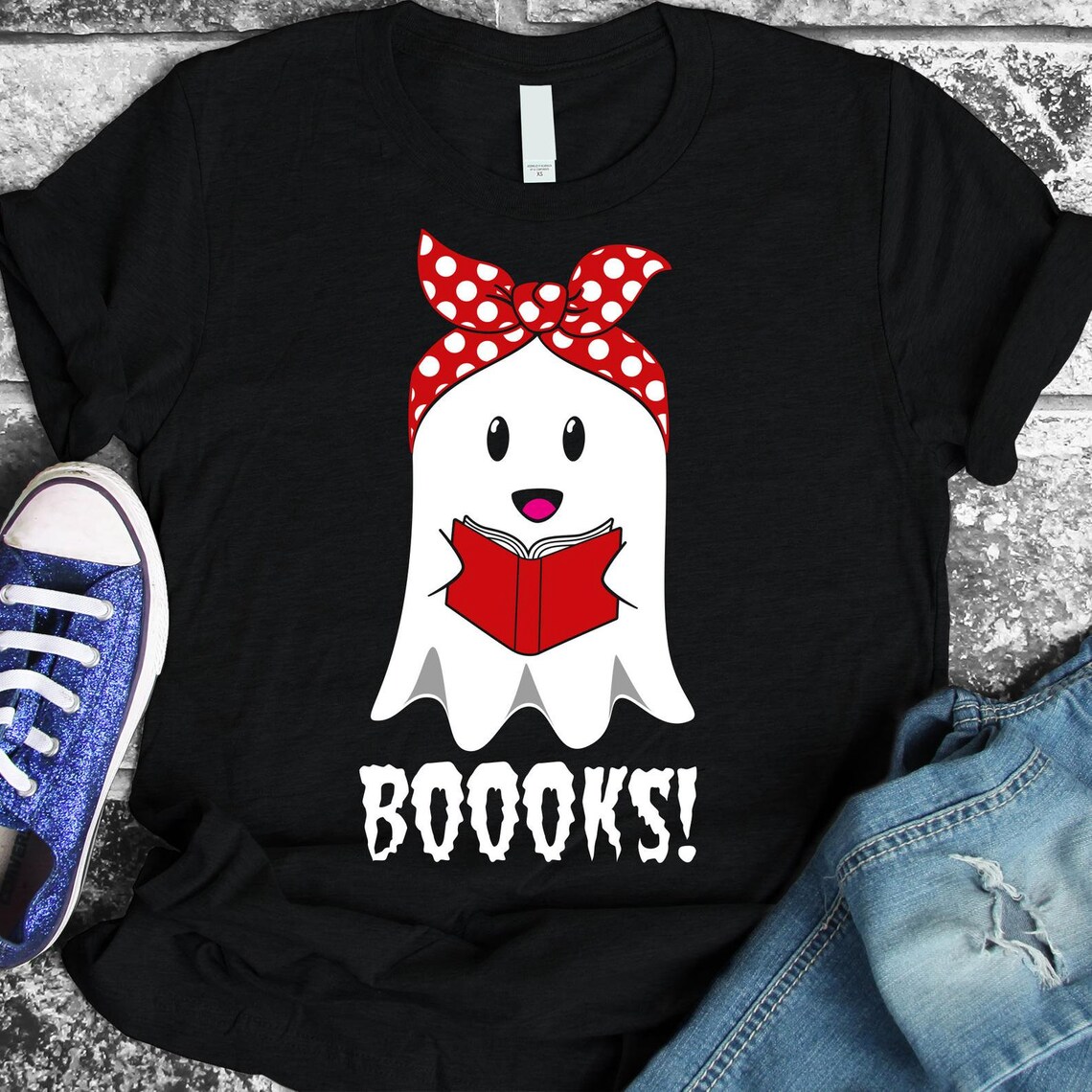 Boooks Halloween T-shirt made of premium ring spun cotton with a vibrant flex print design, available in various sizes.