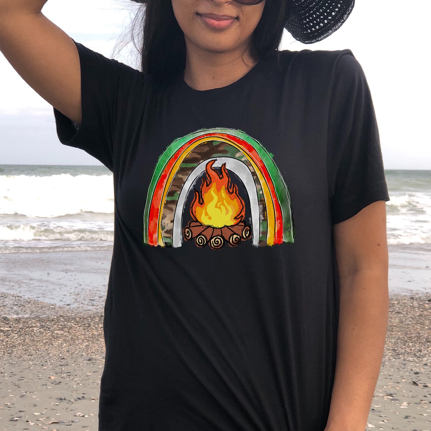 Bonfire Rainbow T-shirt featuring a vibrant rainbow design on a soft fabric.