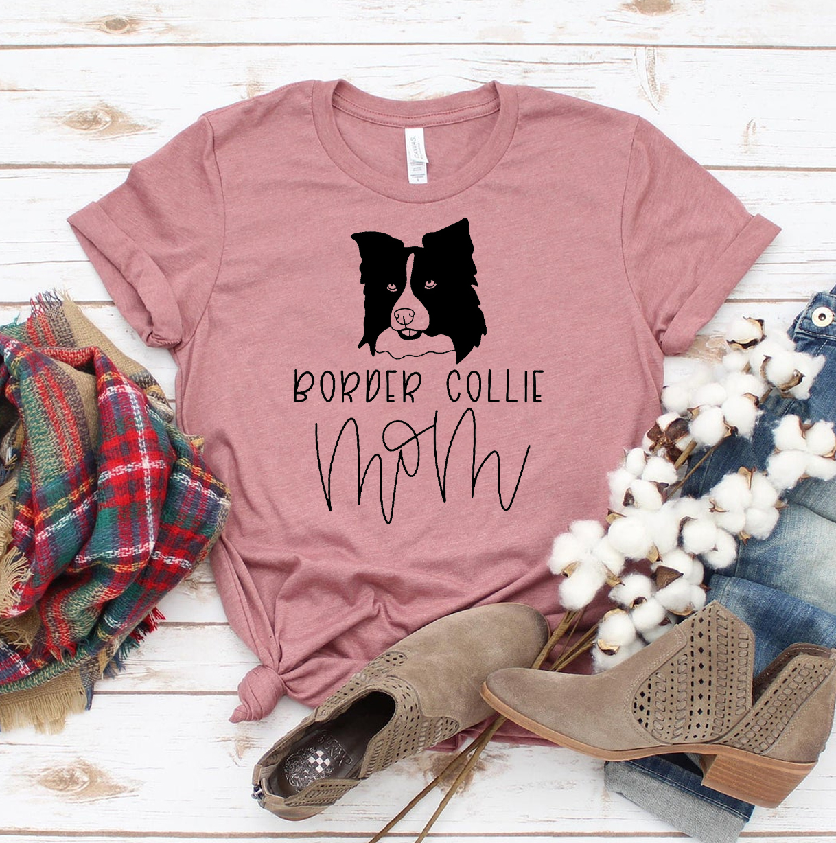 A stylish Border Collie Mom T-shirt made from premium ring spun cotton, featuring a high-quality flex print design.