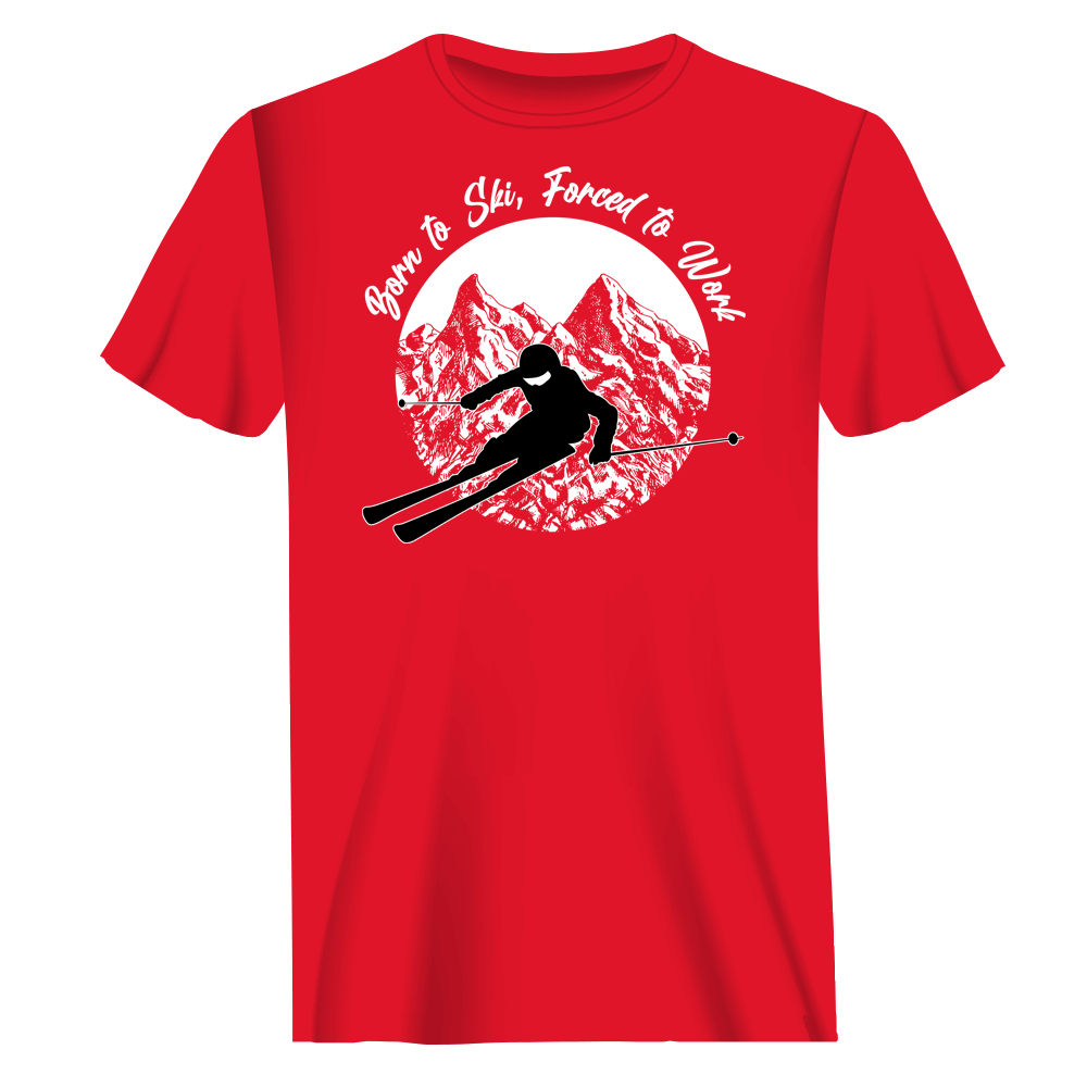 Born To Ski Forced To Work Man T-Shirt featuring a humorous skiing slogan, made from 100% Ringspun Cotton in a modern classic fit.