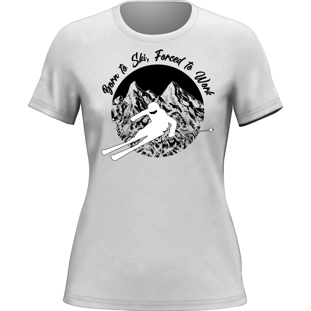 Women’s Born To Ski Forced To Work T-Shirt featuring a humorous skiing design, made from soft ringspun cotton, perfect for casual wear.