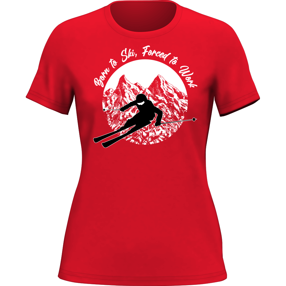 Women’s Born To Ski Forced To Work T-Shirt featuring a humorous skiing design, made from soft ringspun cotton, perfect for casual wear.