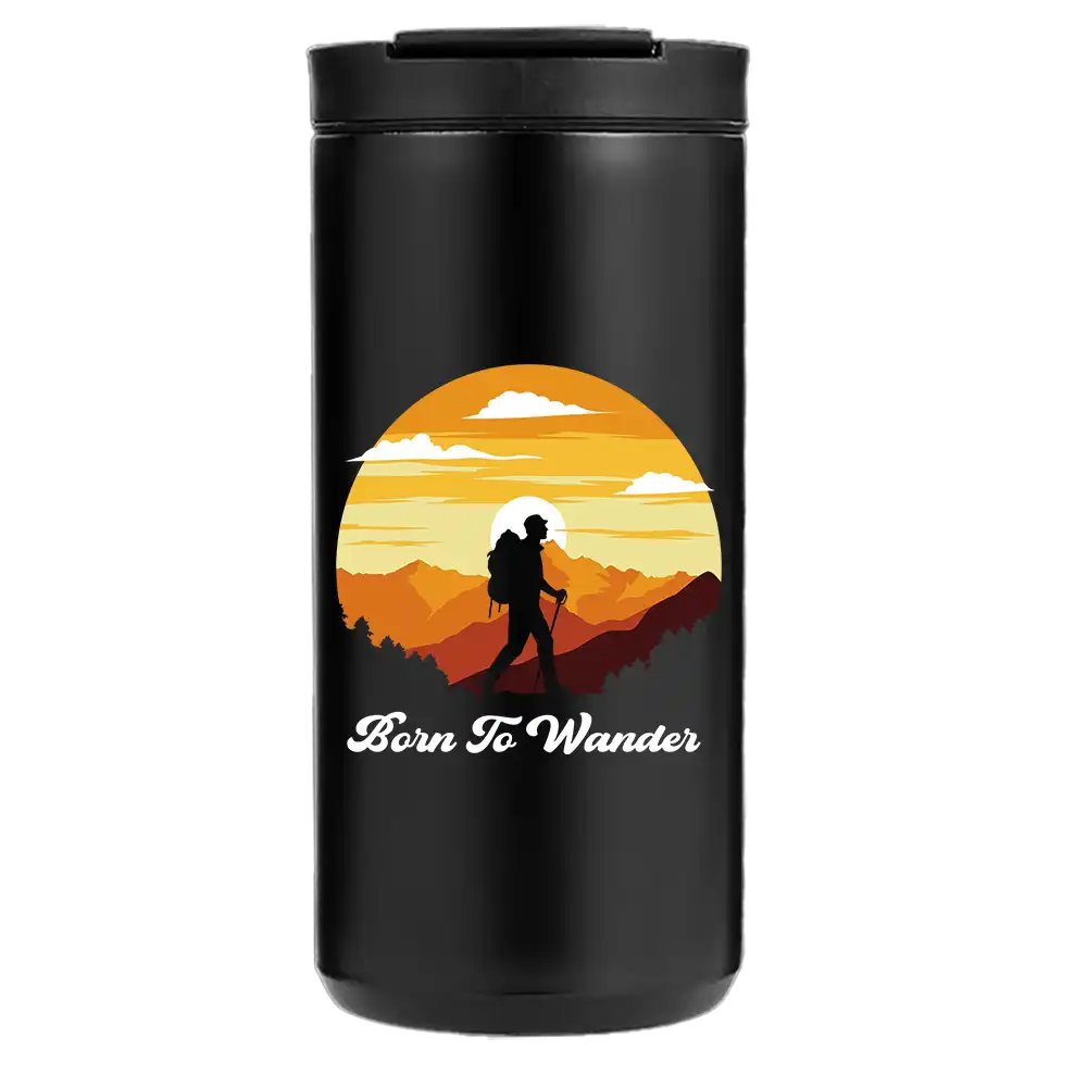 Born To Wander Hiking 14oz Insulated Coffee Tumbler in stainless steel with a splash-proof lid and UV printed design.