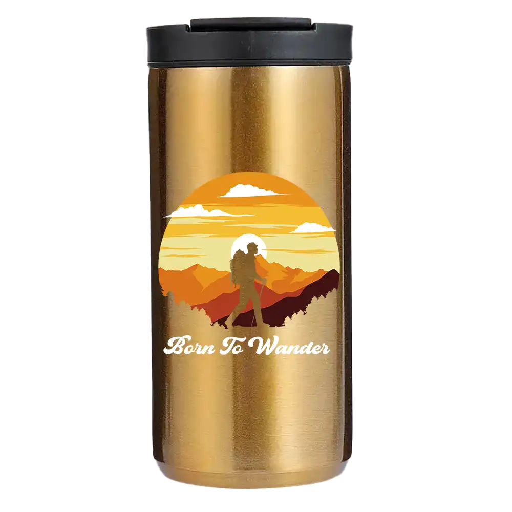 Born To Wander Hiking 14oz Insulated Coffee Tumbler in stainless steel with a splash-proof lid and UV printed design.