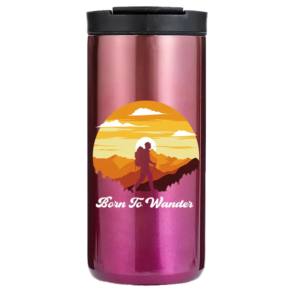 Born To Wander Hiking 14oz Insulated Coffee Tumbler in stainless steel with a splash-proof lid and UV printed design.