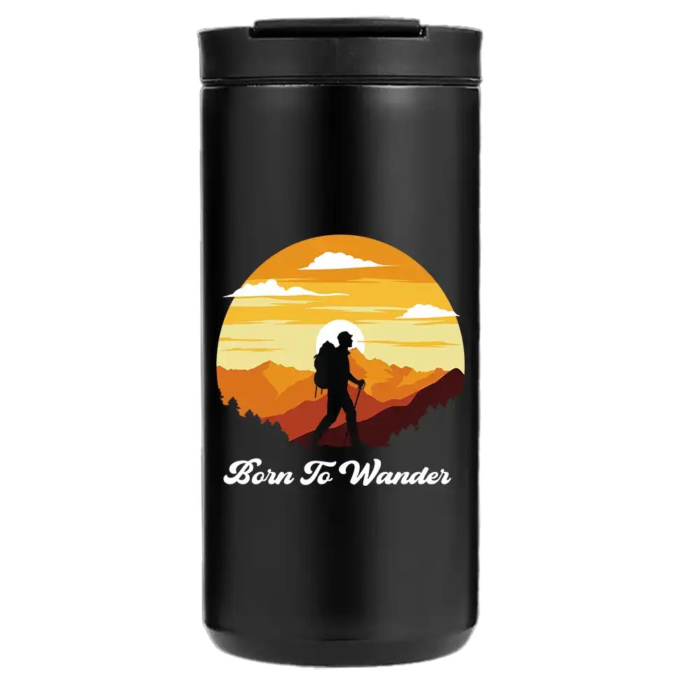 Born To Wander Hiking 14oz Insulated Coffee Tumbler in stainless steel with a splash-proof lid and UV printed design.