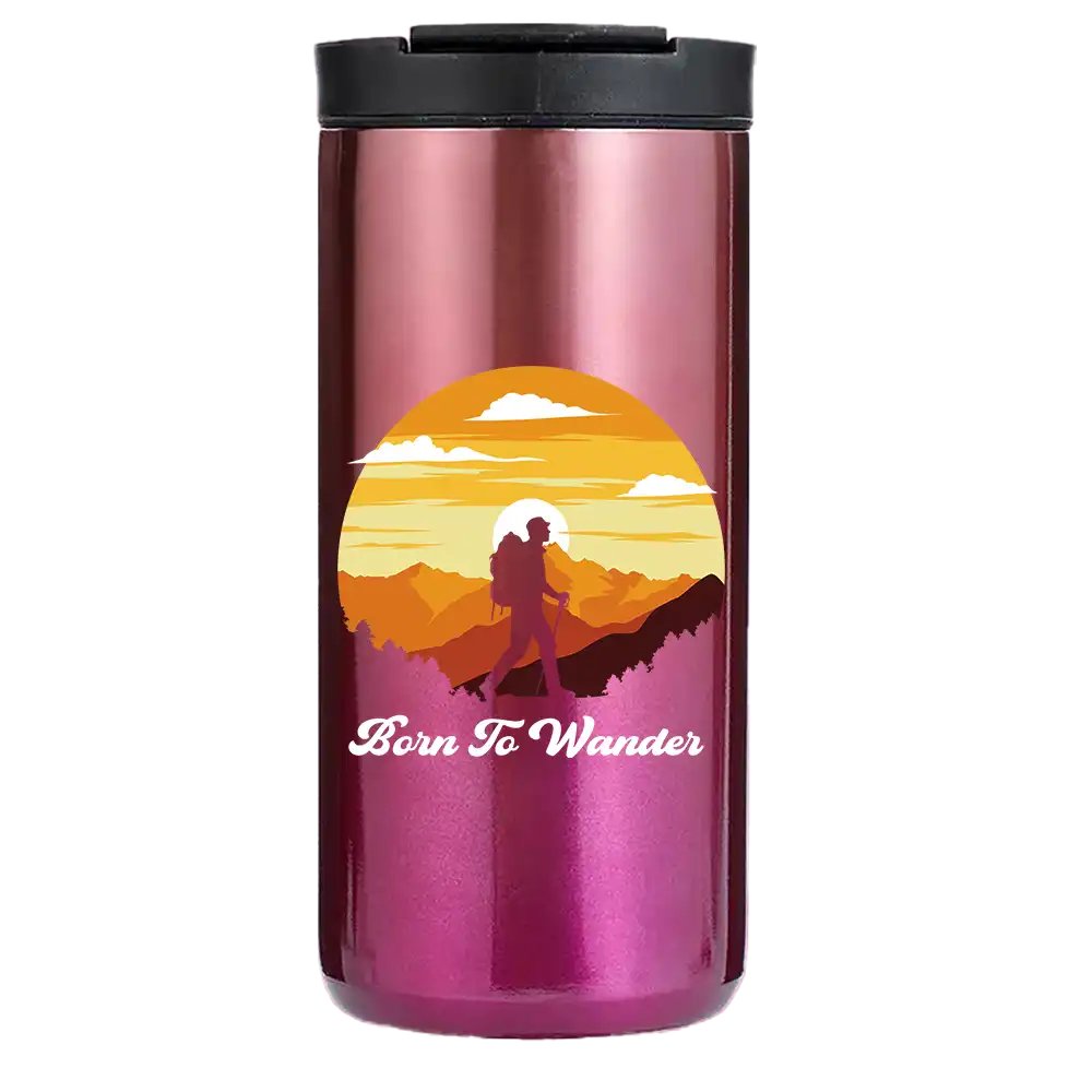 Born To Wander Hiking 14oz Insulated Coffee Tumbler in stainless steel with a splash-proof lid and UV printed design.