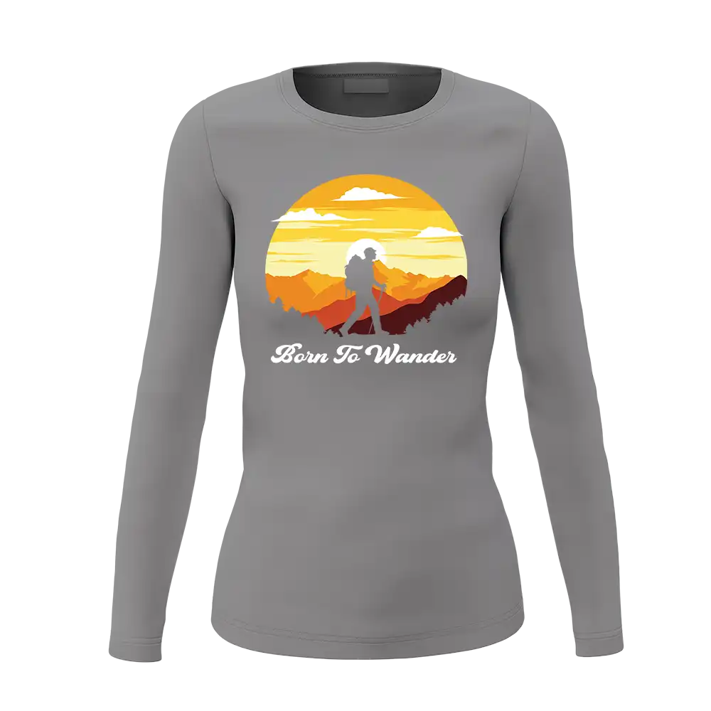 A stylish Born To Wander Women Long Sleeve Shirt featuring a classic midweight fabric, perfect for casual outings and adventures.