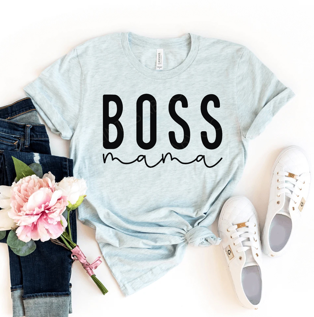 A stylish Boss Mama T-shirt made from premium ring spun cotton, featuring a bold flex print design.