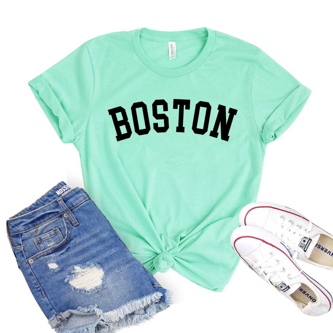 A classic unisex Boston T-shirt made from soft airlume combed cotton, displayed in various sizes.