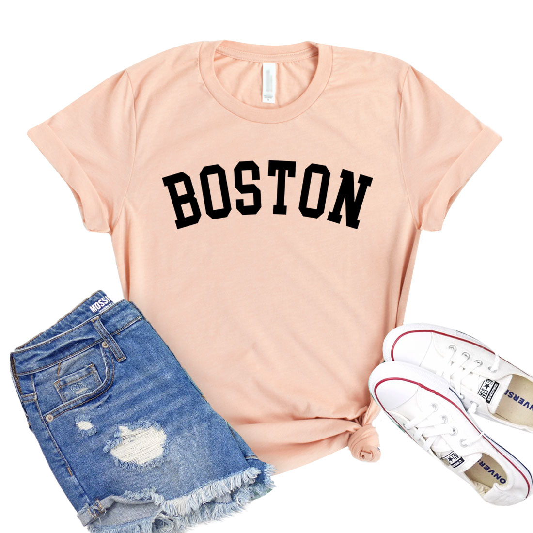 A classic unisex Boston T-shirt made from soft airlume combed cotton, displayed in various sizes.