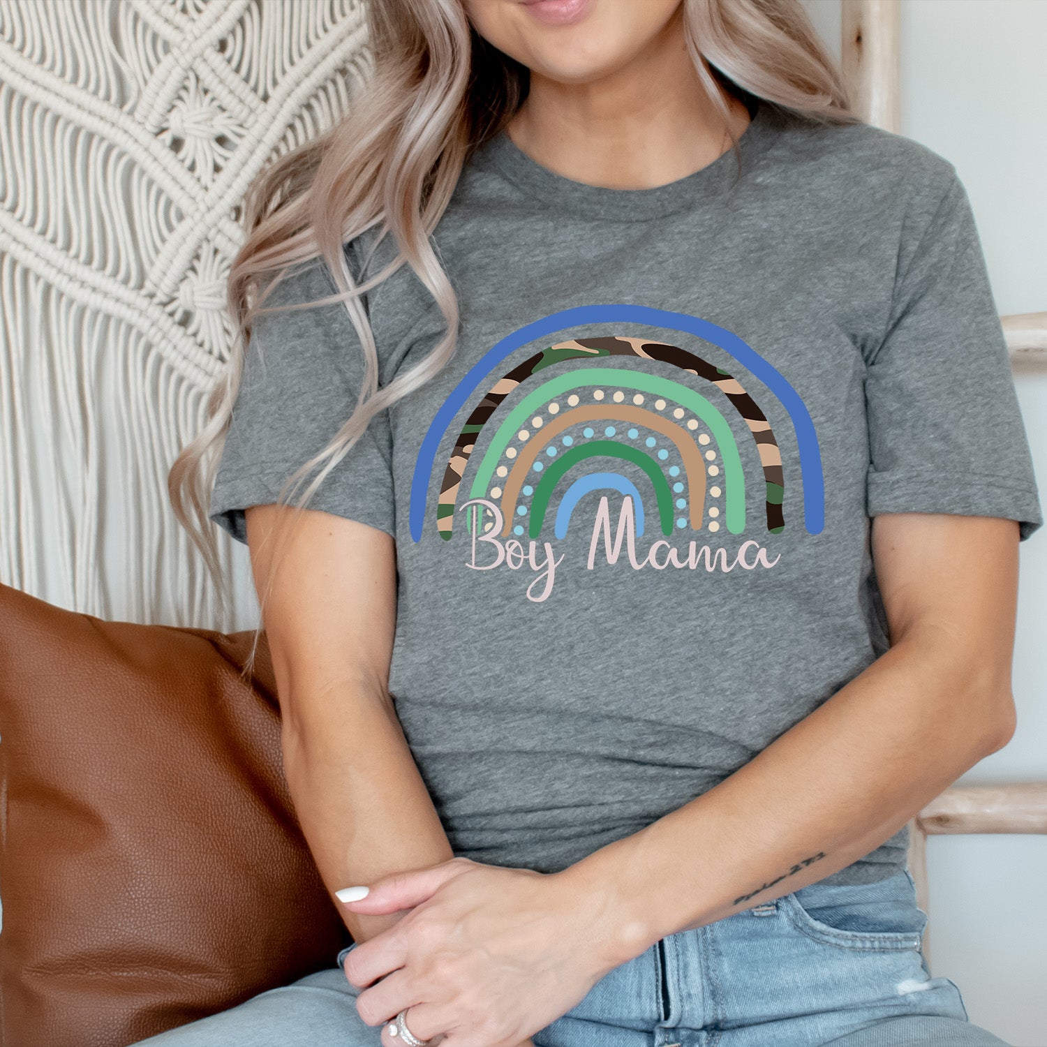 Boy Mama Camo Rainbow Unisex T-shirt featuring a vibrant camo rainbow design, perfect for casual wear.