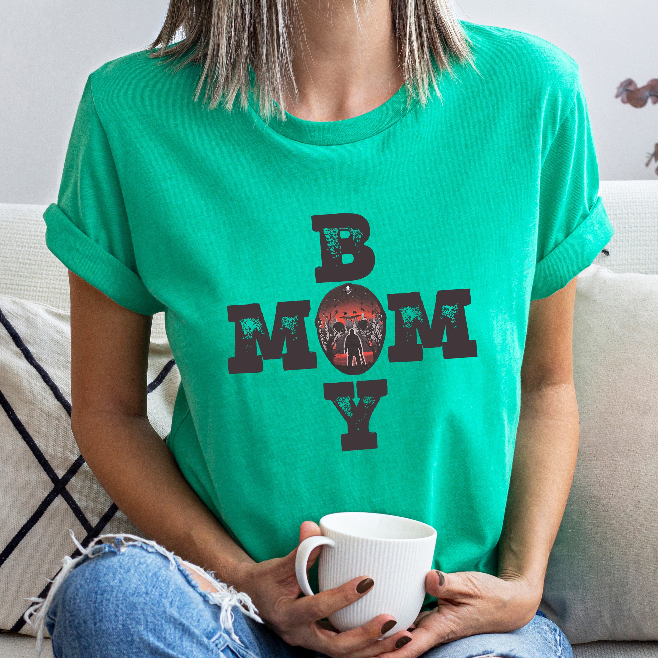 Boy Mom Horror Unisex T-shirt featuring a spooky design, perfect for stylish moms.