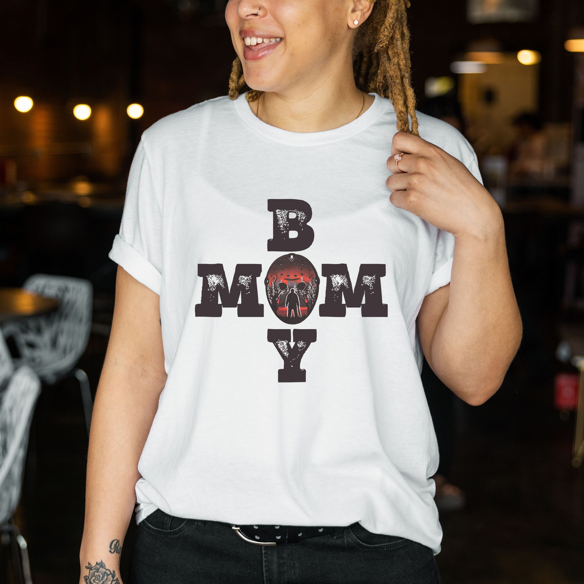 Boy Mom Horror Unisex T-shirt featuring a spooky design, perfect for stylish moms.