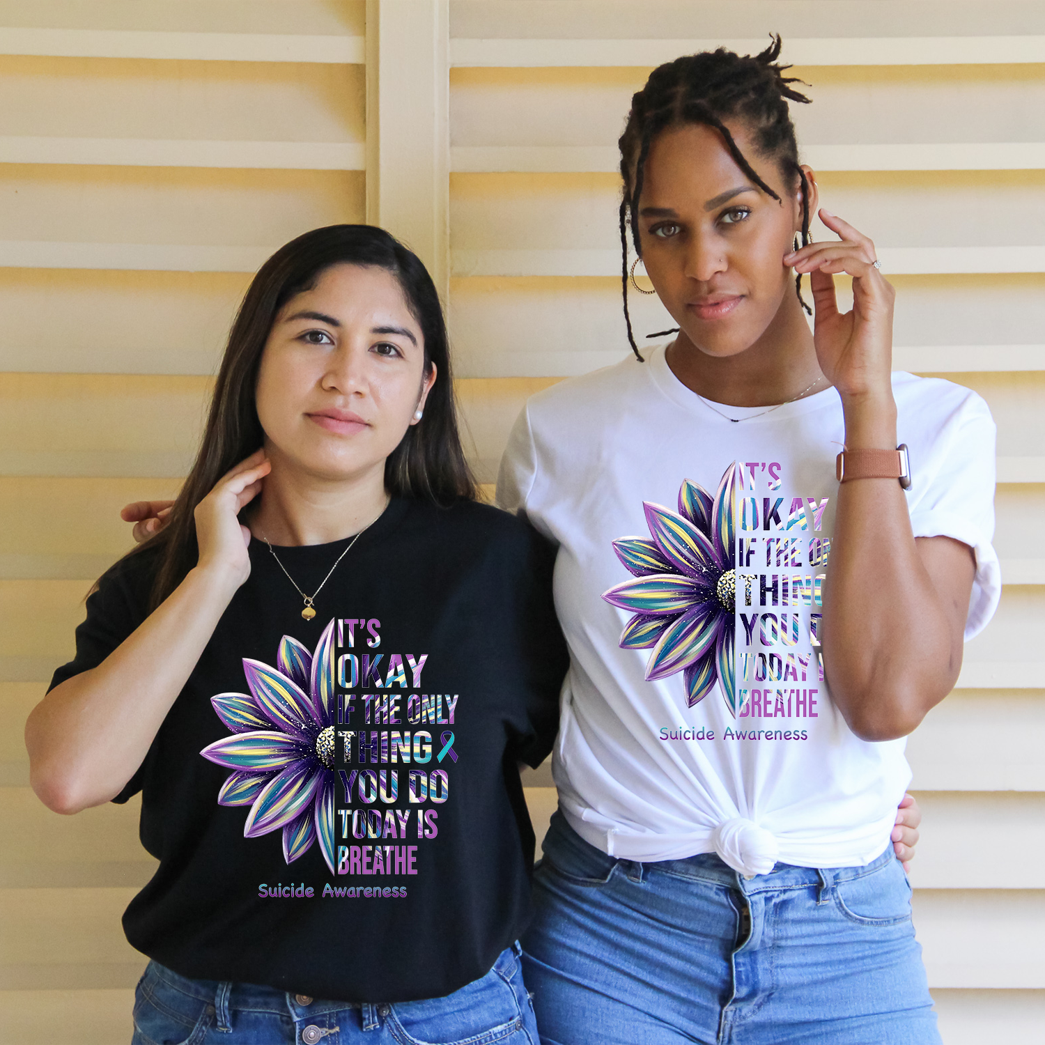 Breathe Suicide Awareness Flower T-shirt featuring a vibrant flower graphic promoting mental health awareness.