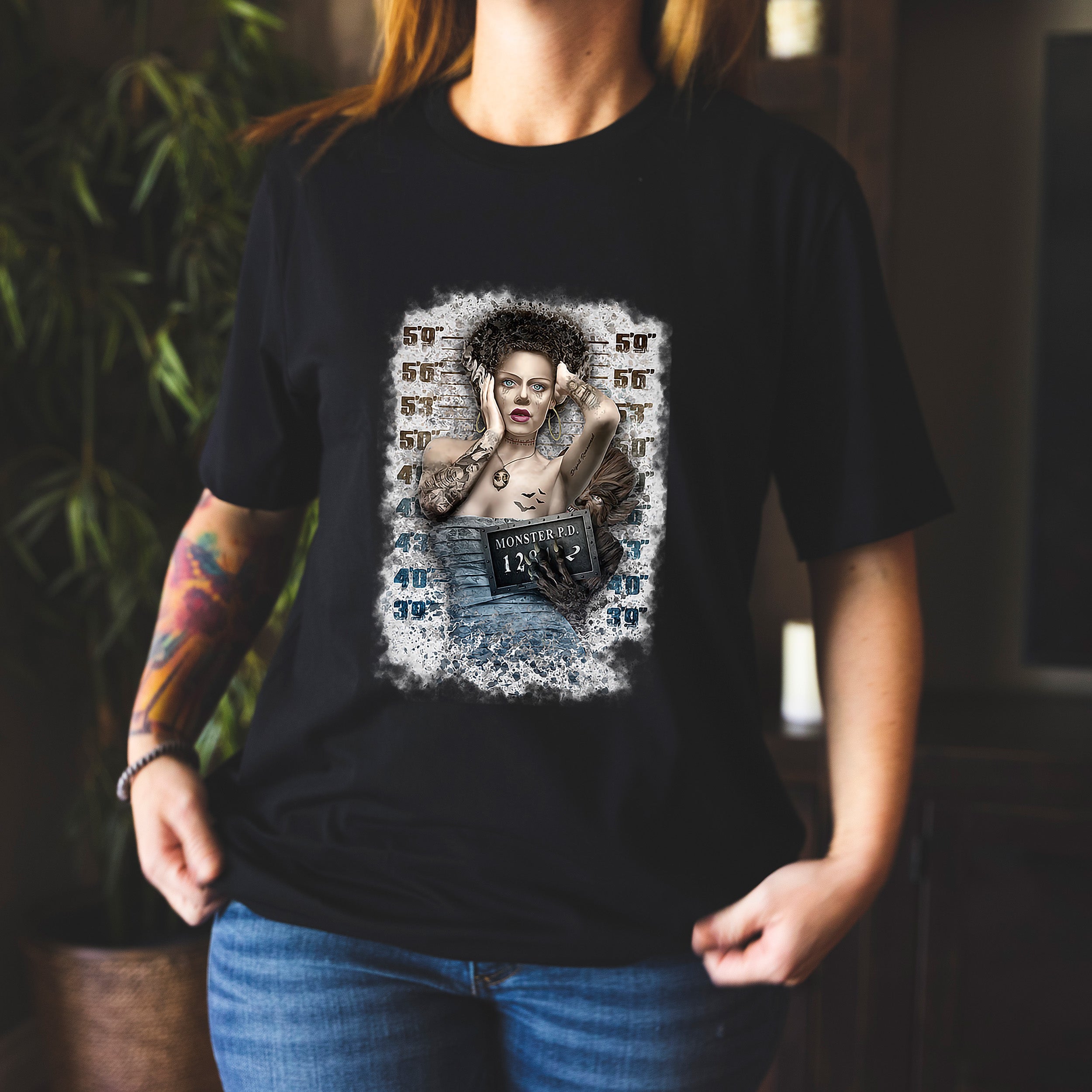 Bride of Frankenstein Mugshot Unisex T-shirt featuring a vibrant graphic print, showcasing the iconic character in a mugshot style.