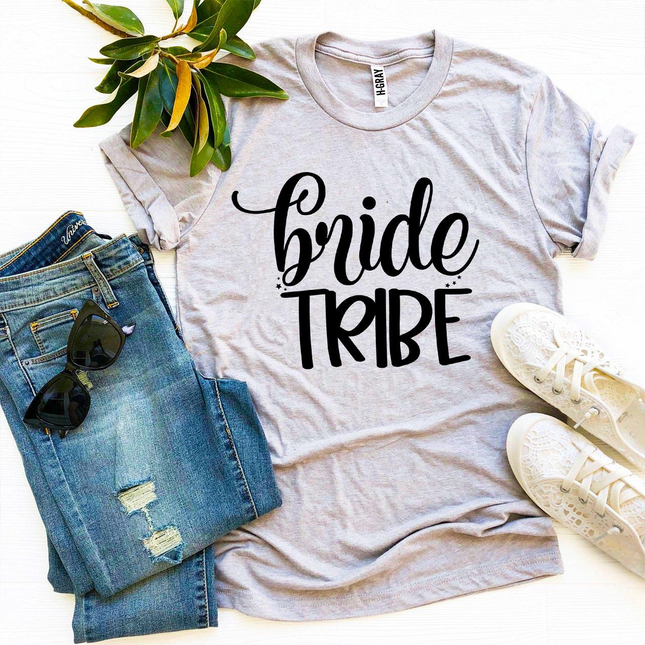 Bride Tribe T-shirt made of premium ring spun cotton, featuring a stylish design with soft flex print, available in various sizes.