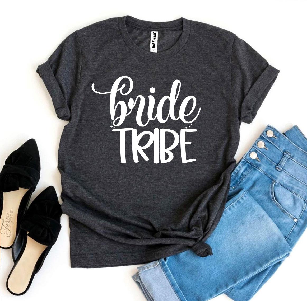 Bride Tribe T-shirt made of premium ring spun cotton, featuring a stylish design with soft flex print, available in various sizes.