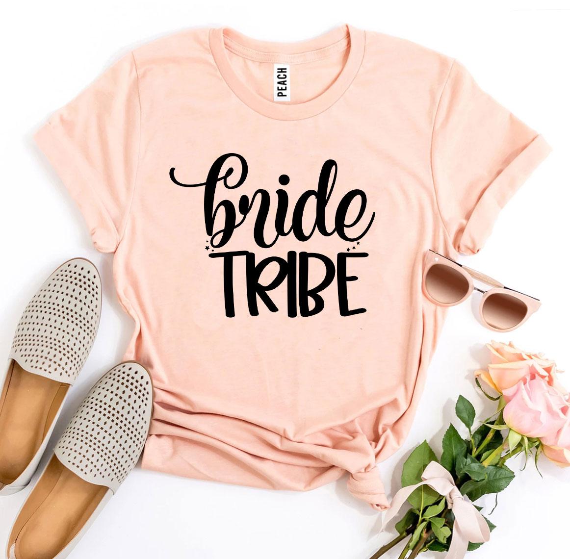 Bride Tribe T-shirt made of premium ring spun cotton, featuring a stylish design with soft flex print, available in various sizes.