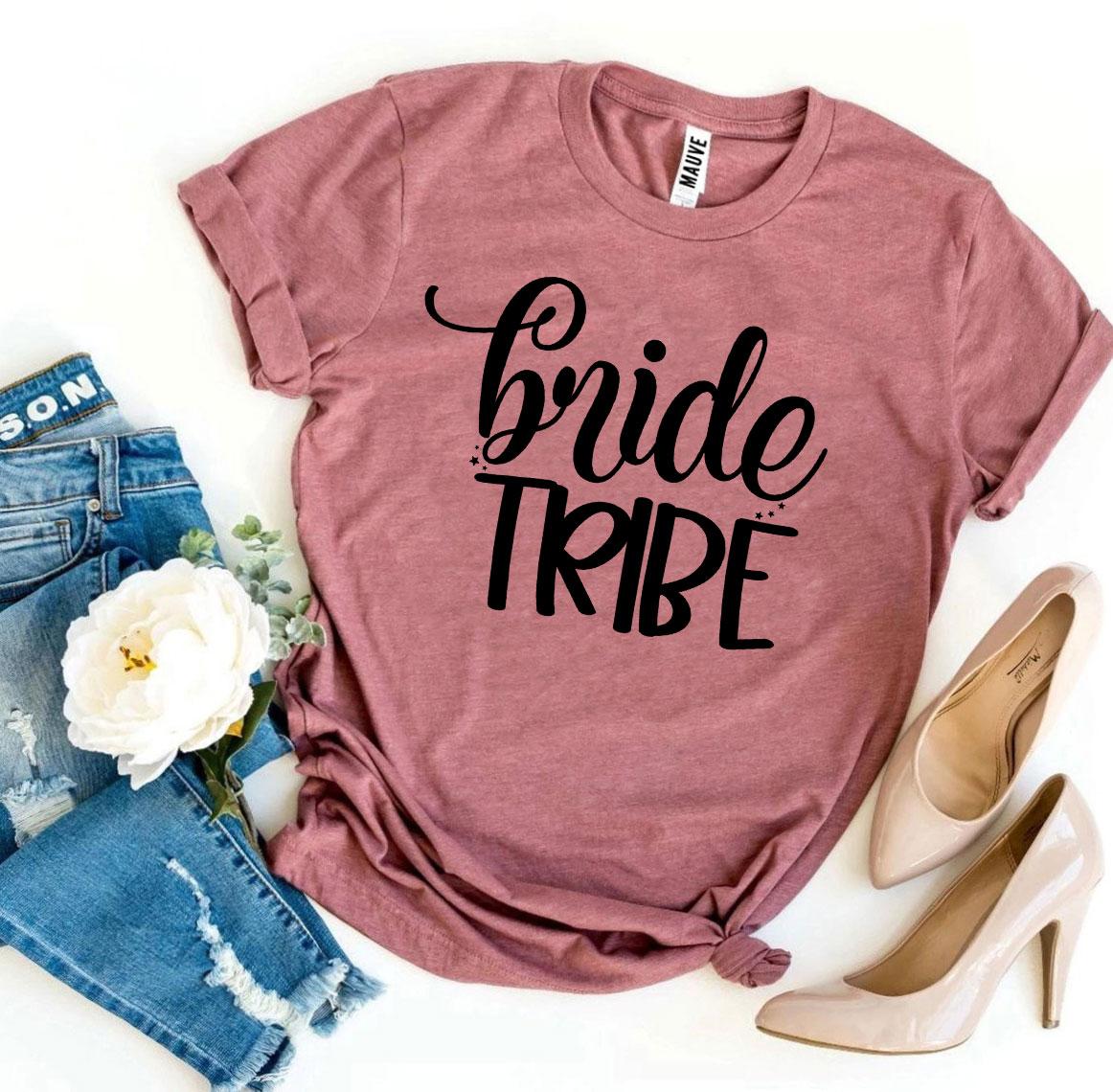 Bride Tribe T-shirt made of premium ring spun cotton, featuring a stylish design with soft flex print, available in various sizes.