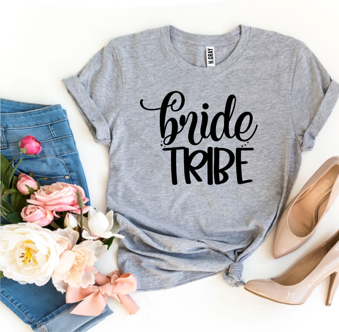 Bride Tribe T-shirt made of premium ring spun cotton, featuring a stylish design with soft flex print, available in various sizes.