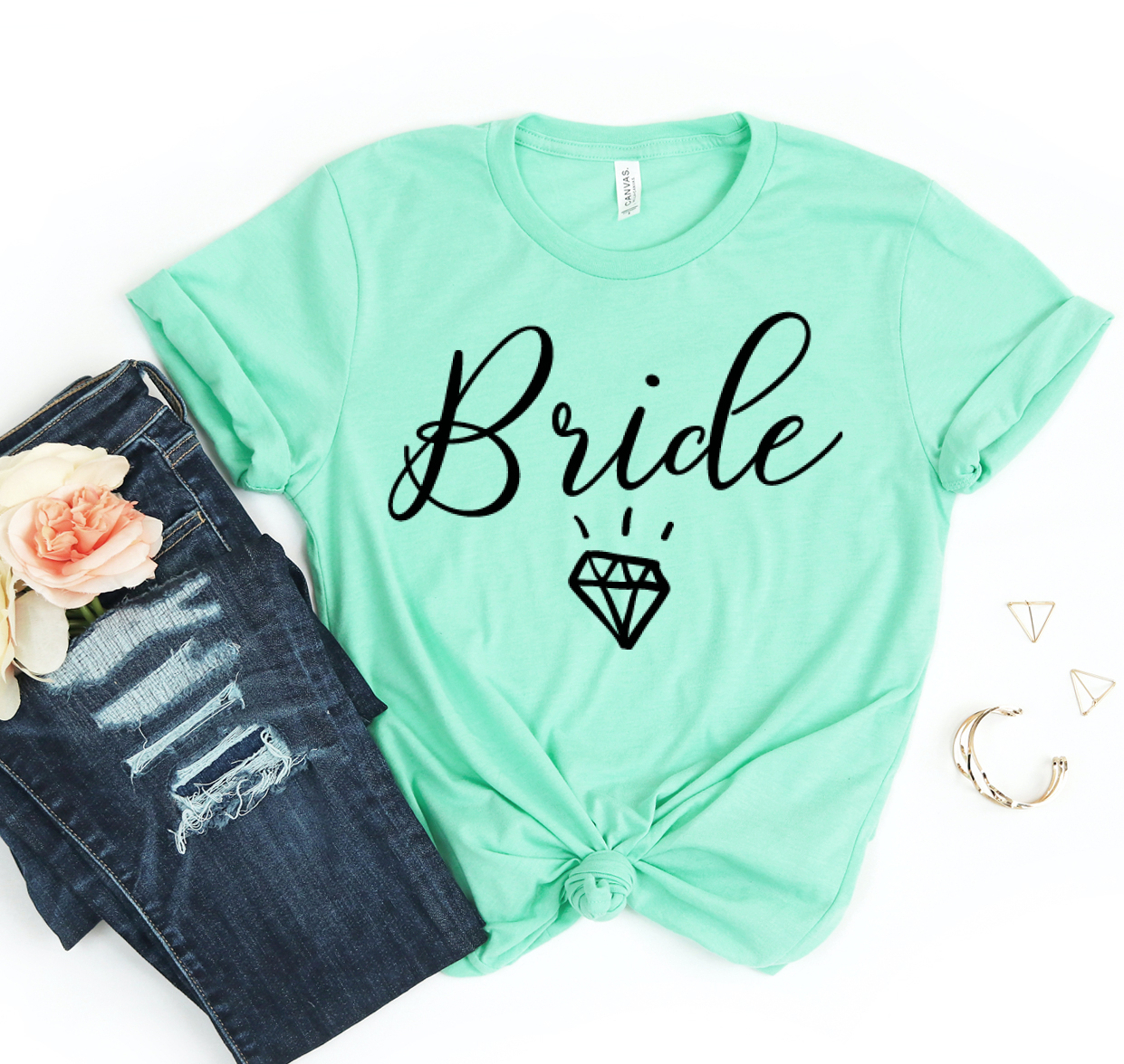 A stylish Bride T-shirt made of soft ring spun cotton, featuring a high-quality flex print design, available in various sizes.