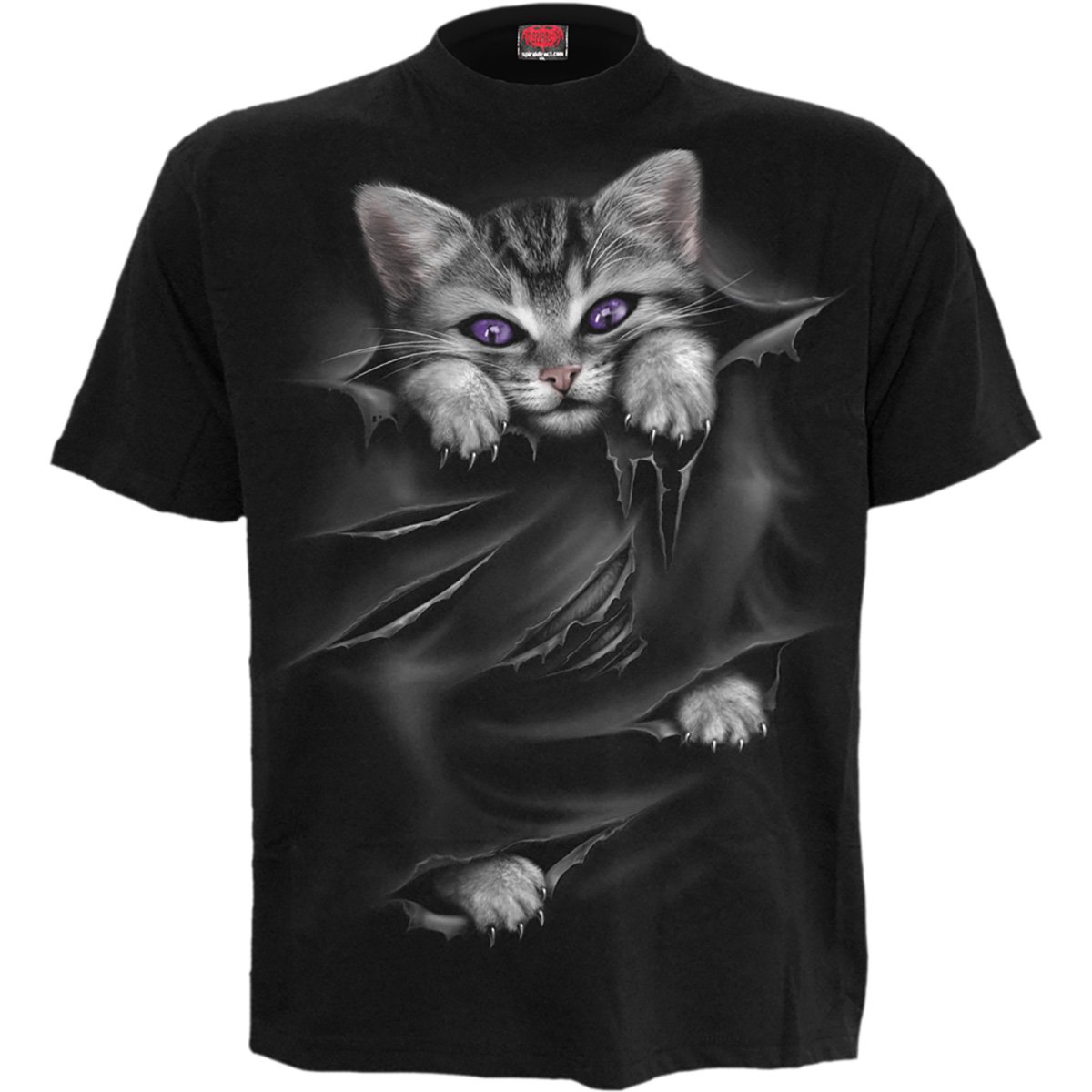 Front view of BRIGHT EYES T-Shirt Black featuring a cute kitten with purple eyes on a slashed top design.