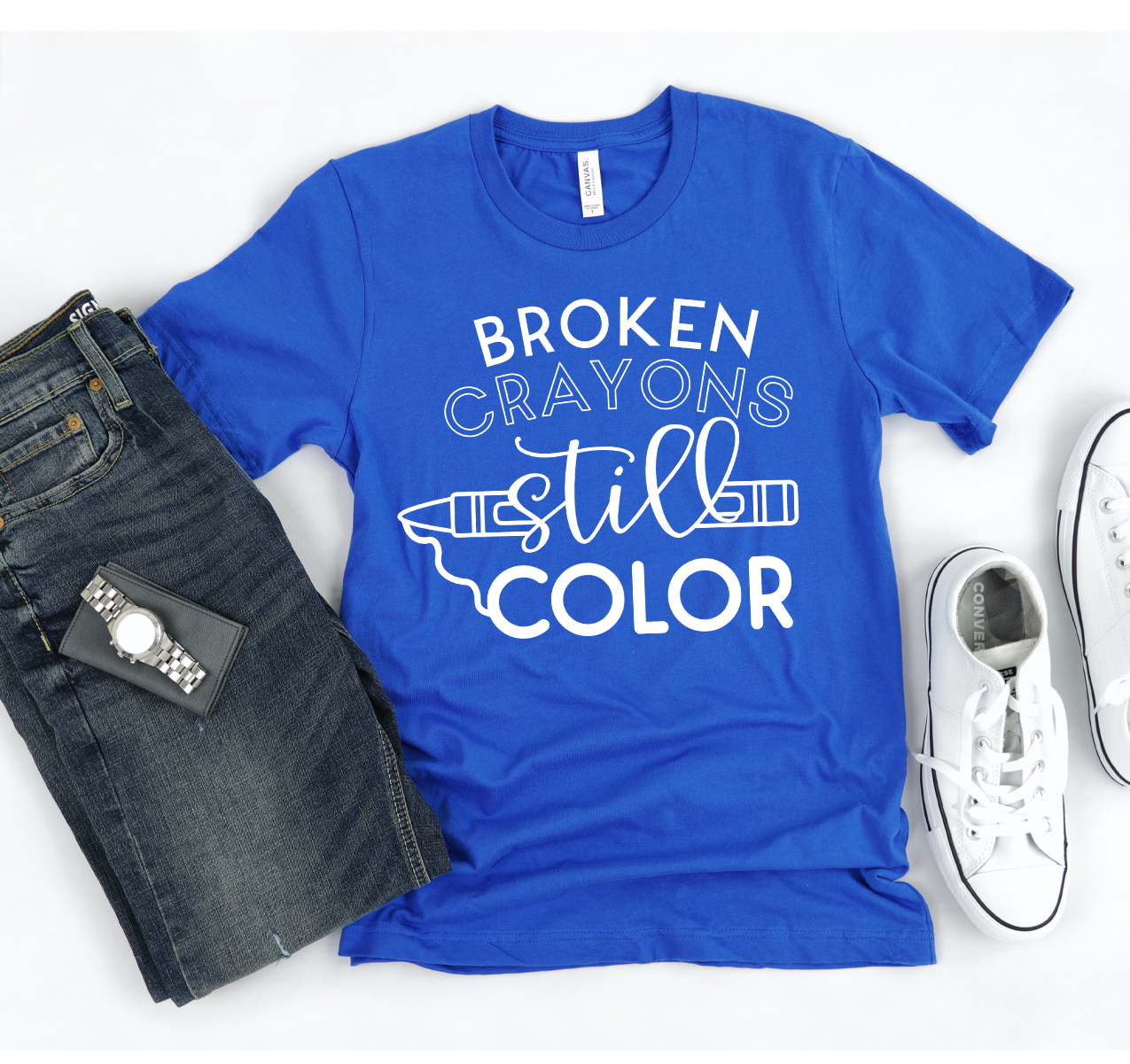 A stylish Broken Crayons T-shirt made from soft airlume cotton, featuring a classic unisex design suitable for all.