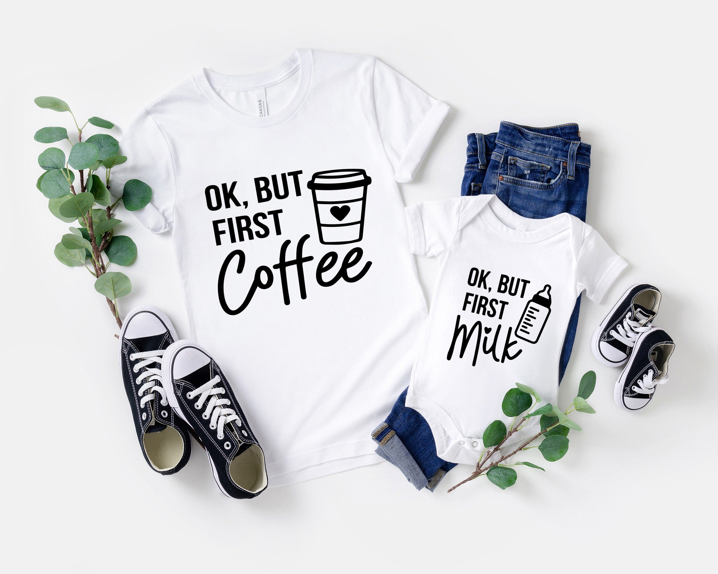 A stylish unisex t-shirt featuring the phrase 'But First Coffee' in a modern design, made from soft Ringspun Cotton.