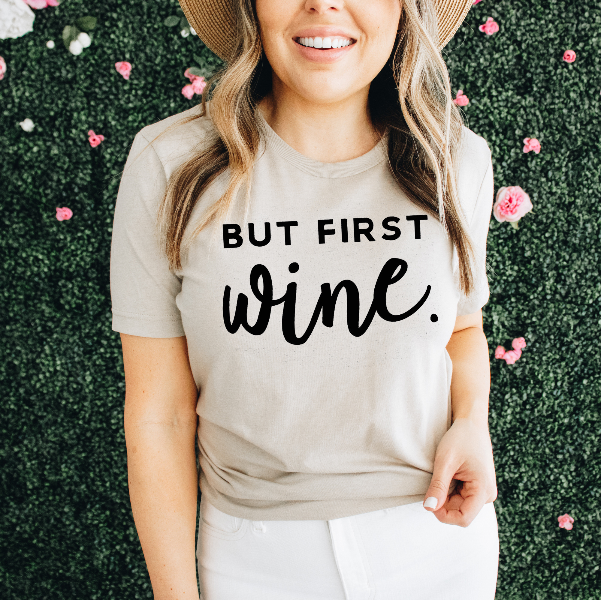 But First Wine T-shirt made from premium ring spun cotton with a playful wine-themed graphic.