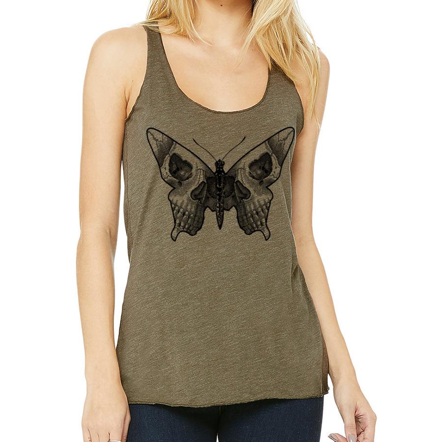 A stylish butterfly skull racerback tank top featuring a unique graphic design, perfect for casual wear.