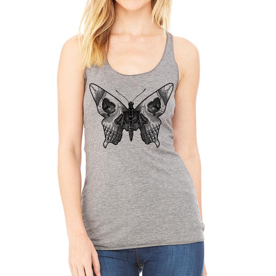 A stylish butterfly skull racerback tank top featuring a unique graphic design, perfect for casual wear.