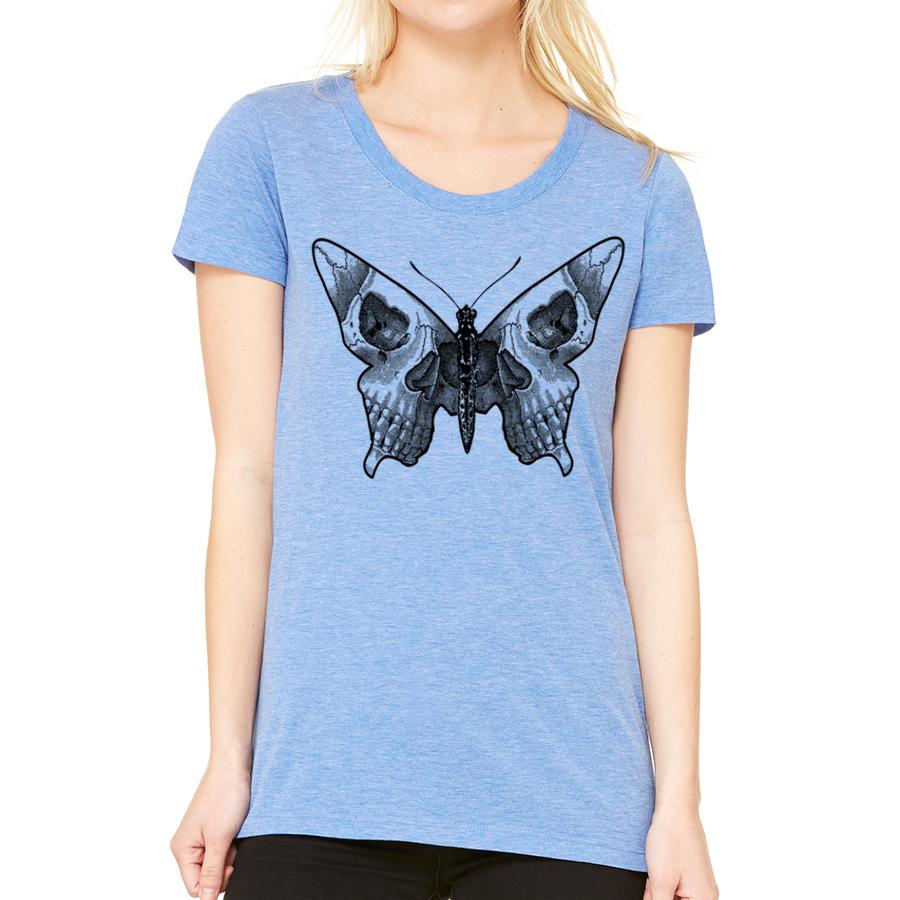 A stylish women's tee featuring a butterfly skull design, showcasing a blend of elegance and edginess.