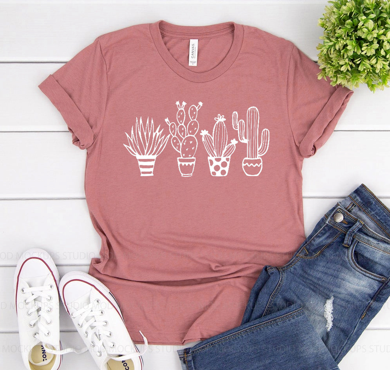 A stylish unisex Cactus T-shirt made from soft airlume cotton, showcasing its classic design and available sizes.