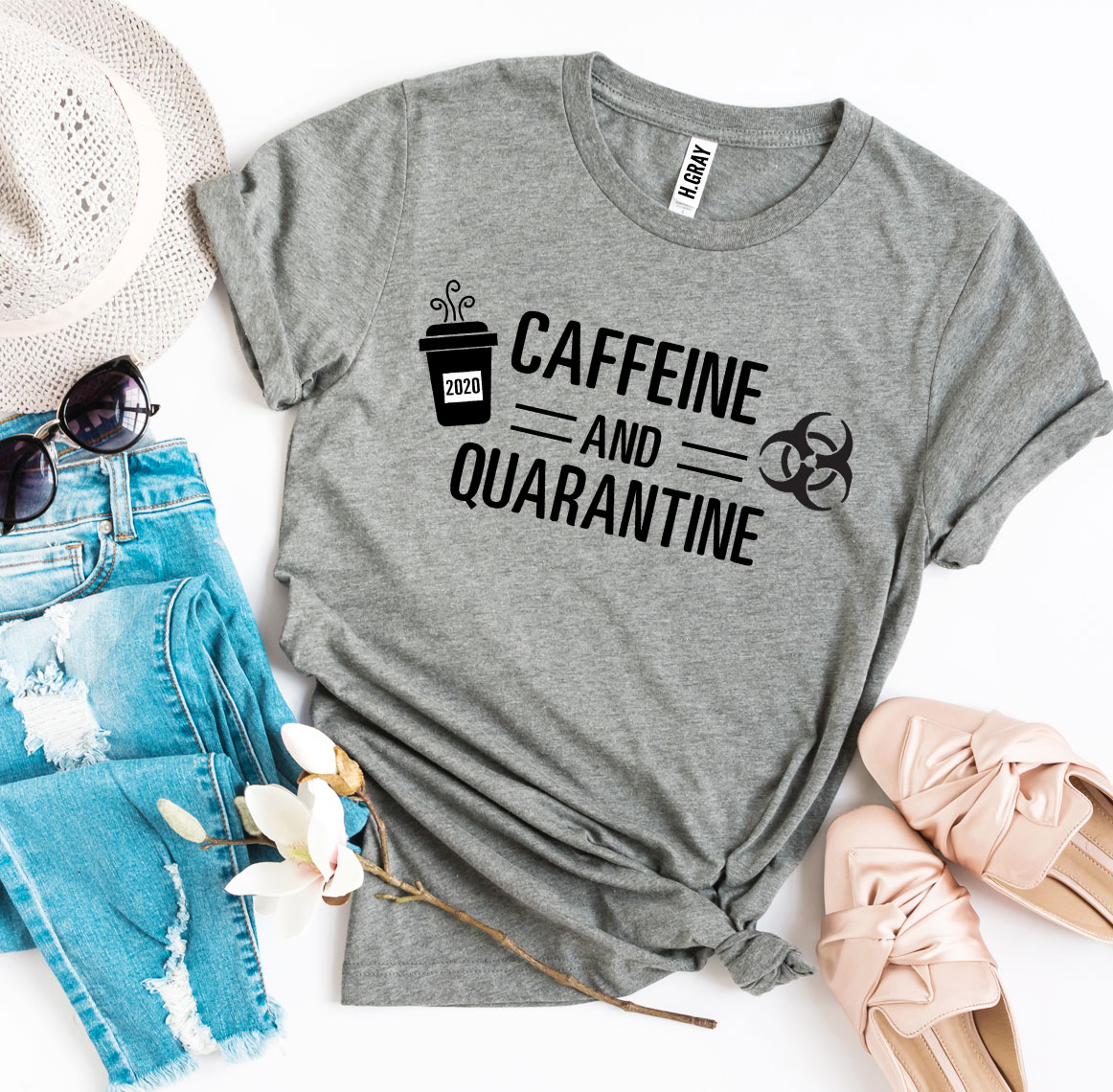 Caffeine & Quarantine T-shirt made of premium ring spun cotton with a stylish print, available in various sizes.