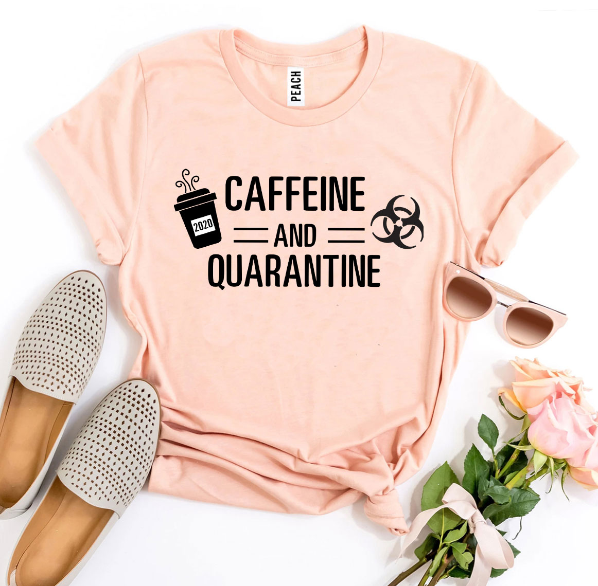 Caffeine & Quarantine T-shirt made of premium ring spun cotton with a stylish print, available in various sizes.