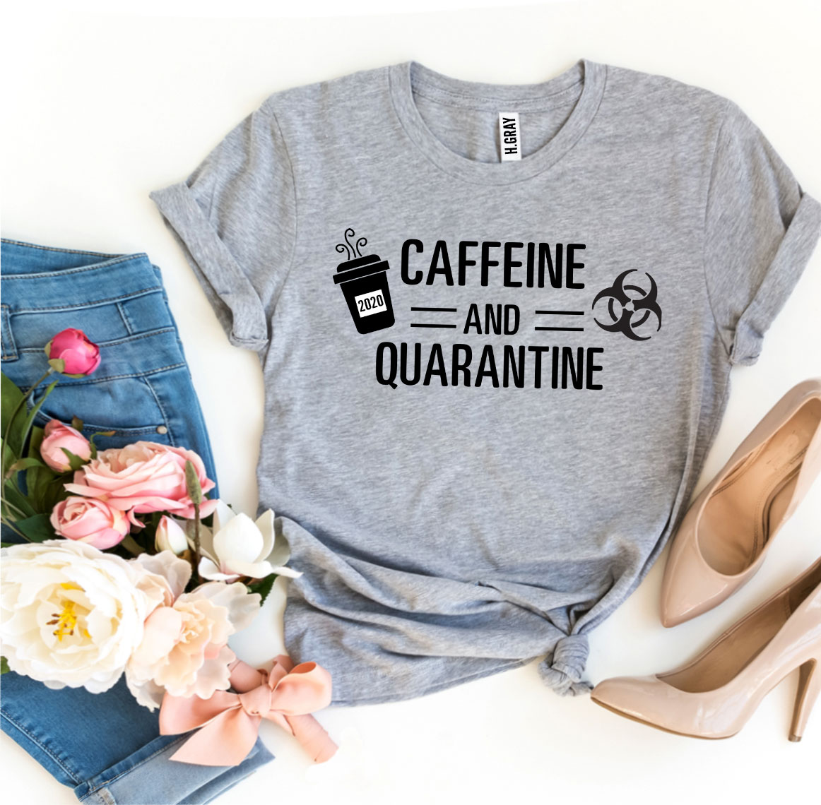 Caffeine & Quarantine T-shirt made of premium ring spun cotton with a stylish print, available in various sizes.