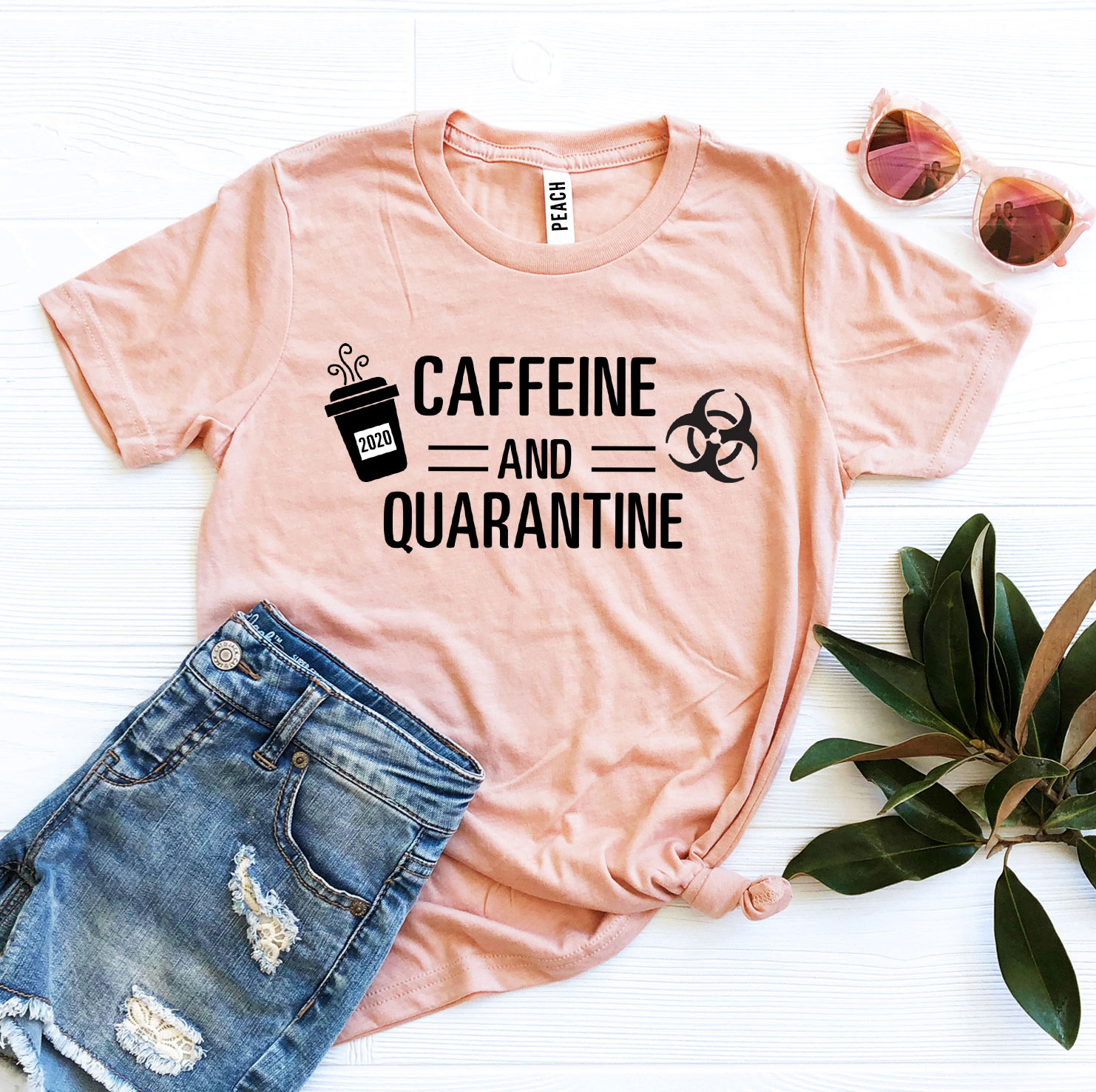 Caffeine & Quarantine T-shirt made of premium ring spun cotton with a stylish print, available in various sizes.