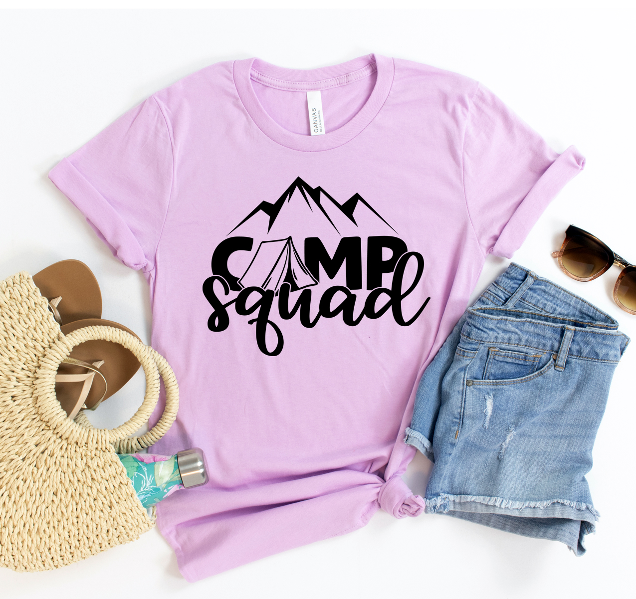 Camp Squad T-shirt in various sizes, showcasing its unisex design and soft fabric.