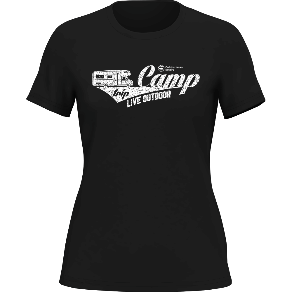 A stylish Camp Trip T-Shirt for Women, featuring a semi-fitted design in solid color, made from 100% Ringspun Cotton, perfect for outdoor adventures.