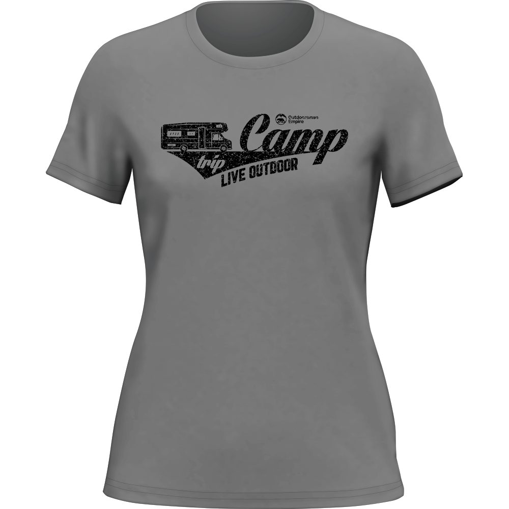 A stylish Camp Trip T-Shirt for Women, featuring a semi-fitted design in solid color, made from 100% Ringspun Cotton, perfect for outdoor adventures.