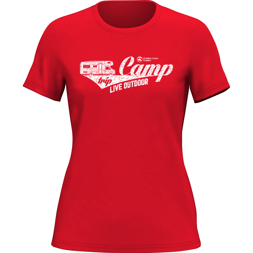 A stylish Camp Trip T-Shirt for Women, featuring a semi-fitted design in solid color, made from 100% Ringspun Cotton, perfect for outdoor adventures.