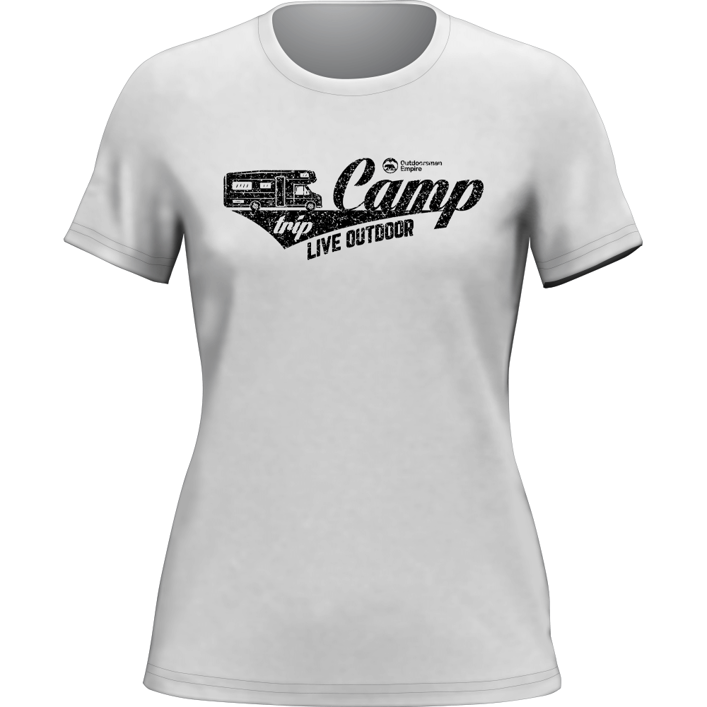 A stylish Camp Trip T-Shirt for Women, featuring a semi-fitted design in solid color, made from 100% Ringspun Cotton, perfect for outdoor adventures.