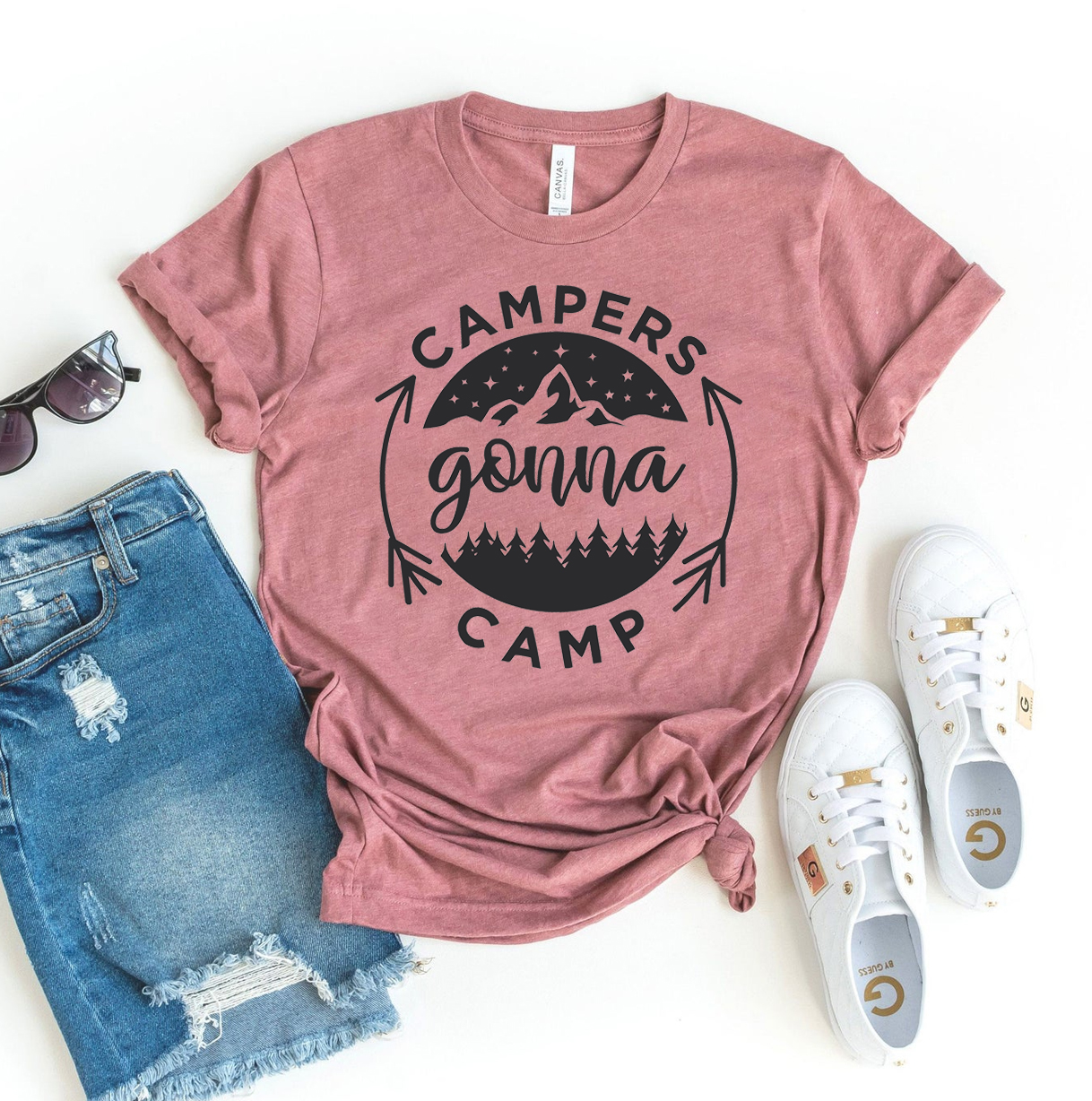 Campers Gonna Camp T-shirt made of premium ring spun cotton, featuring a stylish print, available in various sizes.