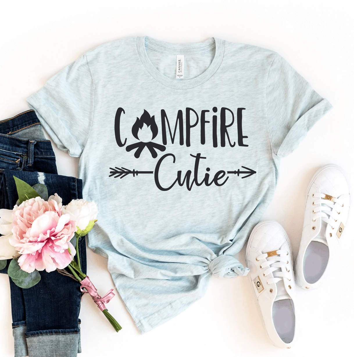 Campfire Cutie T-shirt made of premium ring spun cotton, featuring a vibrant flex print design, available in various sizes.