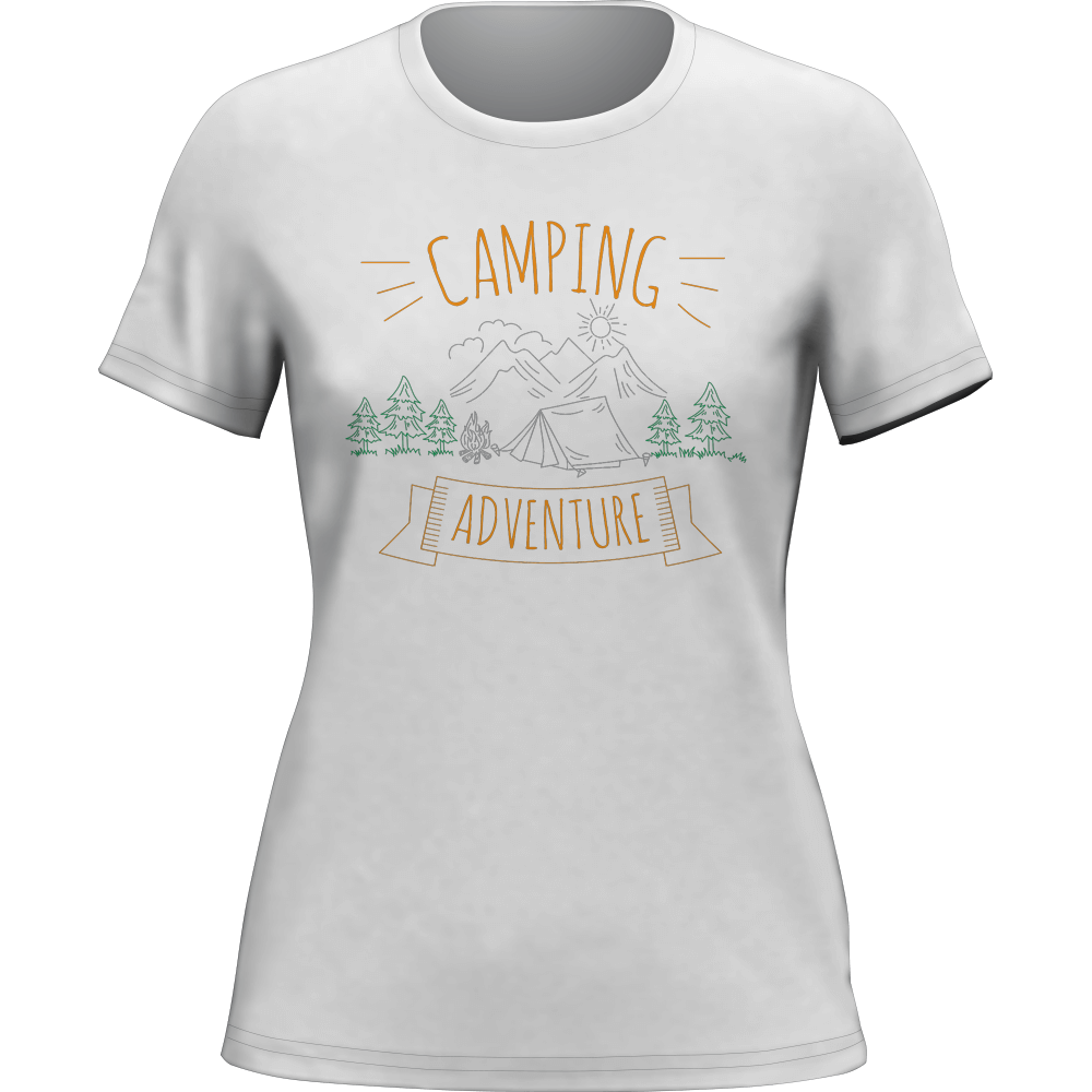 A stylish Camping Adventure T-Shirt for women featuring a unique outdoor-themed design, made from soft Ringspun Cotton.