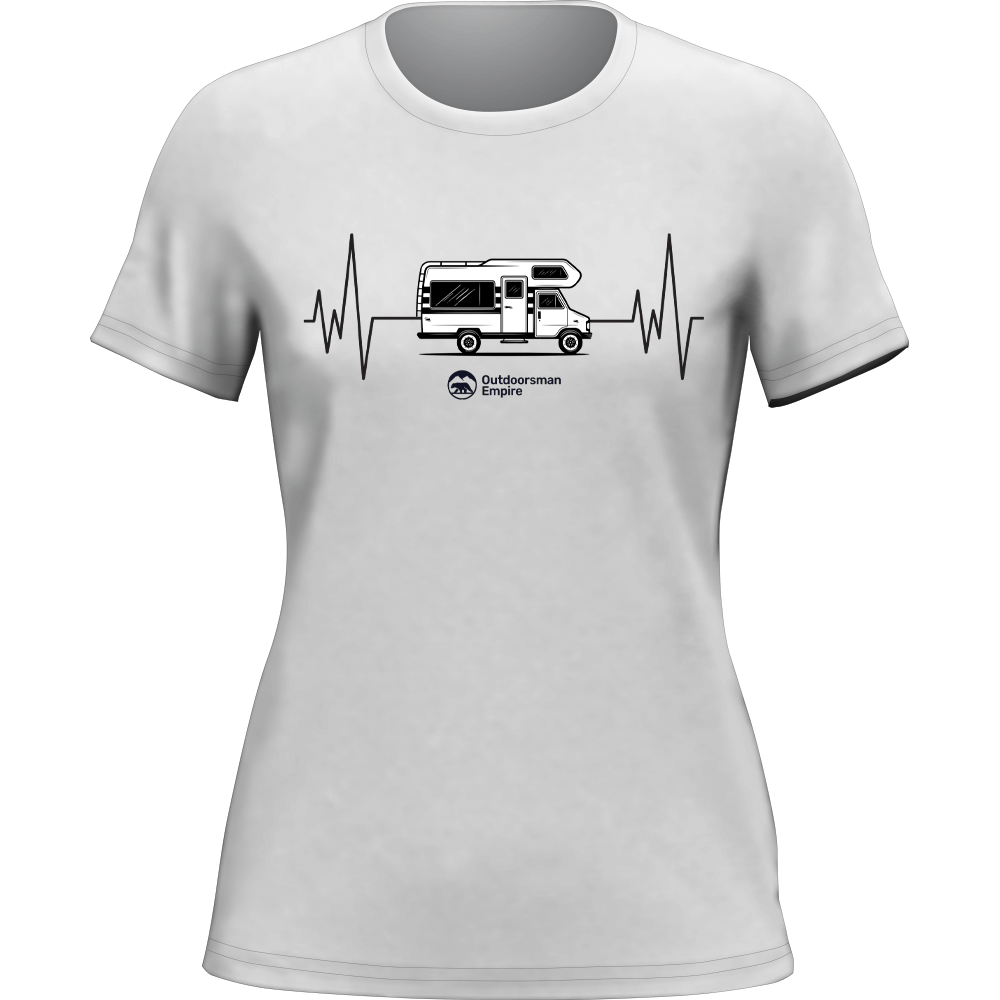 A stylish Camping Cardiogram T-Shirt for women, featuring a unique camping-themed design, made from soft Ringspun Cotton.