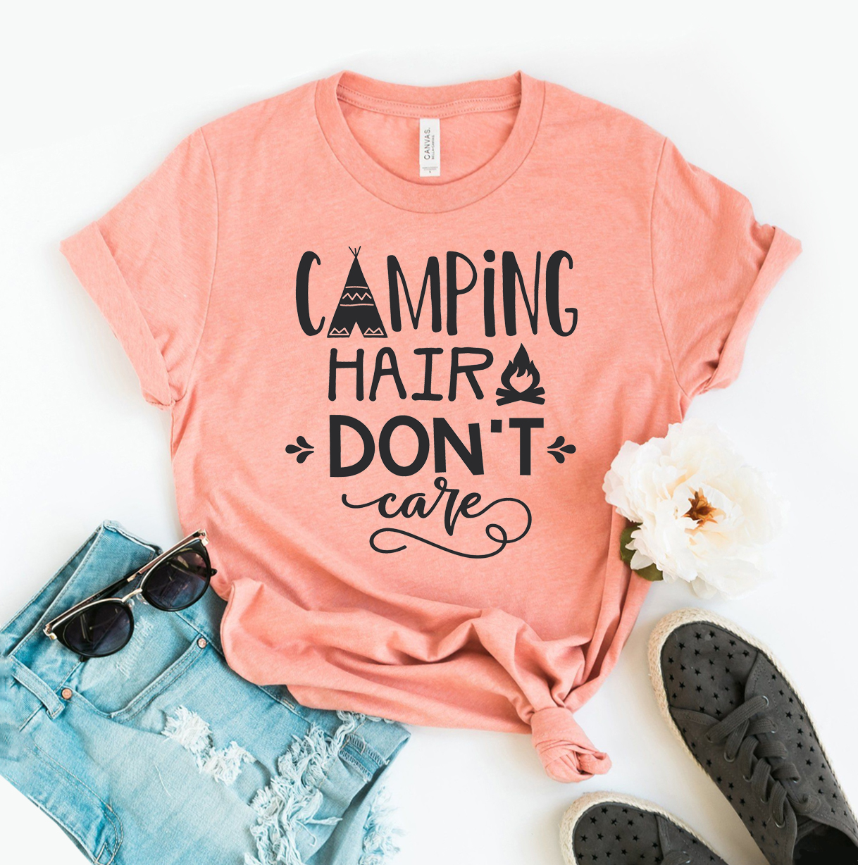 Camping Hair Don't Care T-shirt made from premium ring spun cotton, featuring a soft textile flex print design.